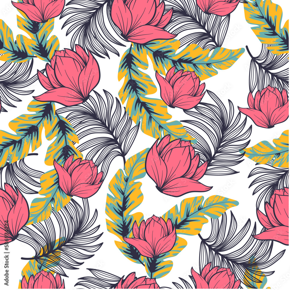 Summer seamless tropical pattern with bright plants and flowers on a white background. Beautiful seamless vector floral pattern. Exotic wallpaper. Tropical botanical. Summer seamless tropical pattern with bright plants and flowers on a white background. Beautiful seamless vector floral pattern. Exotic wallpaper. Tropical botanical.
