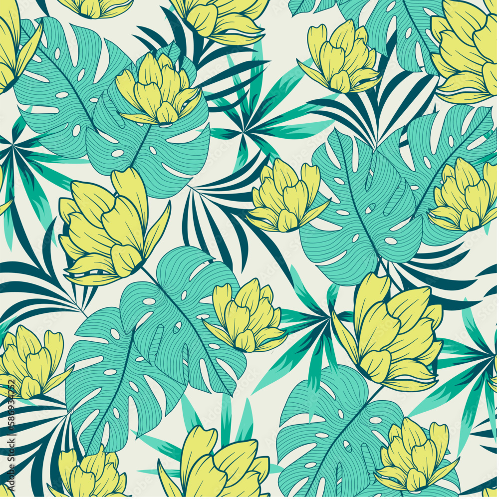 Summer seamless tropical pattern with bright plants and flowers on a pastel background. Seamless exotic pattern with tropical plants. Beautiful exotic plants. Exotic jungle wallpaper. Summer seamless tropical pattern with bright plants and flowers on a pastel background. Seamless exotic pattern with tropical plants. Beautiful exotic plants. Exotic jungle wallpaper.