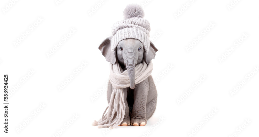 Baby elephant with wool winter hat and scarf. Isolated white. Generative AI Baby elephant with wool winter hat and scarf. Isolated white. Generative AI