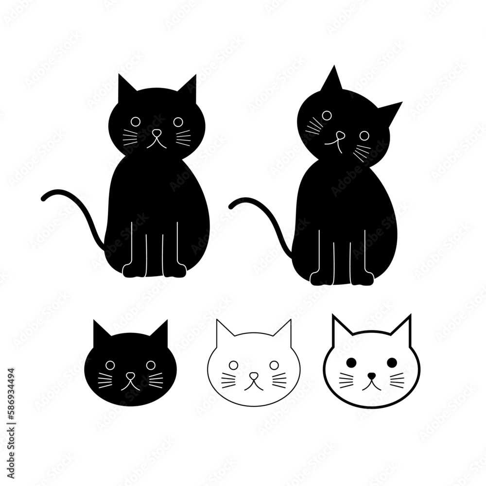 Black cat or different cat faces in simple vector style clip arts illustrations