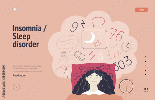 Mental disorders web template. Insomnia, sleep disorder - modern flat vector illustration of a woman meeting with a sleep disorder trying to fall asleep. People emotional, psychological, mental