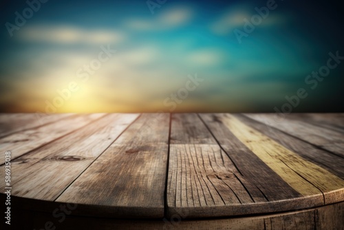 Old wooden table with sea in the background for product presentation with bokeh background  Generative AI 