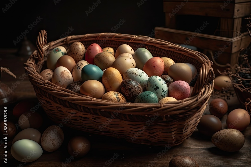 colorful basket filled with various Easter eggs. Generative AI colorful basket filled with various Easter eggs. Generative AI