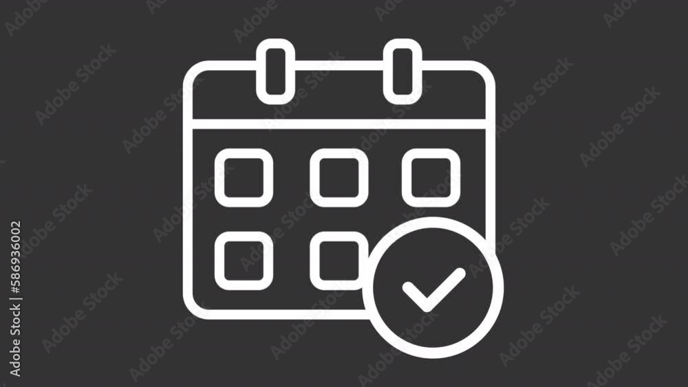 Animated accept date white line icon. Calendar with checkmark. Loop HD video with chroma key, alpha channel on transparent background, black solid background. Outline motion graphic animation Animated accept date white line icon. Calendar with checkmark. Loop HD video with chroma key, alpha channel on transparent background, black solid background. Outline motion graphic animation