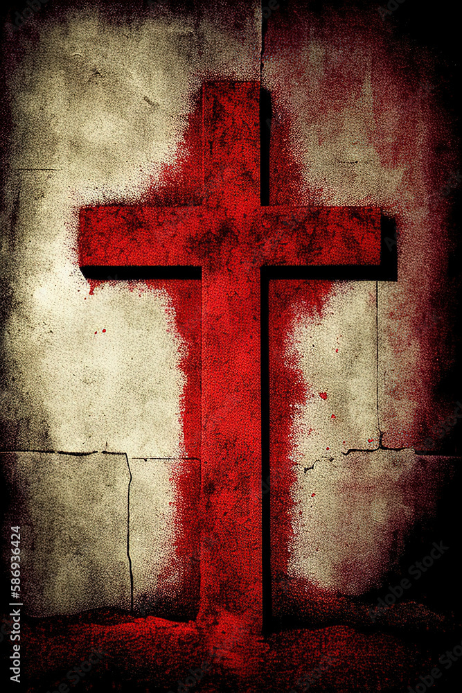 Cross on red rough cement wall texture, Christ God symbol sign wallpaper, pray hope faith belief theme, red grunge concrete background