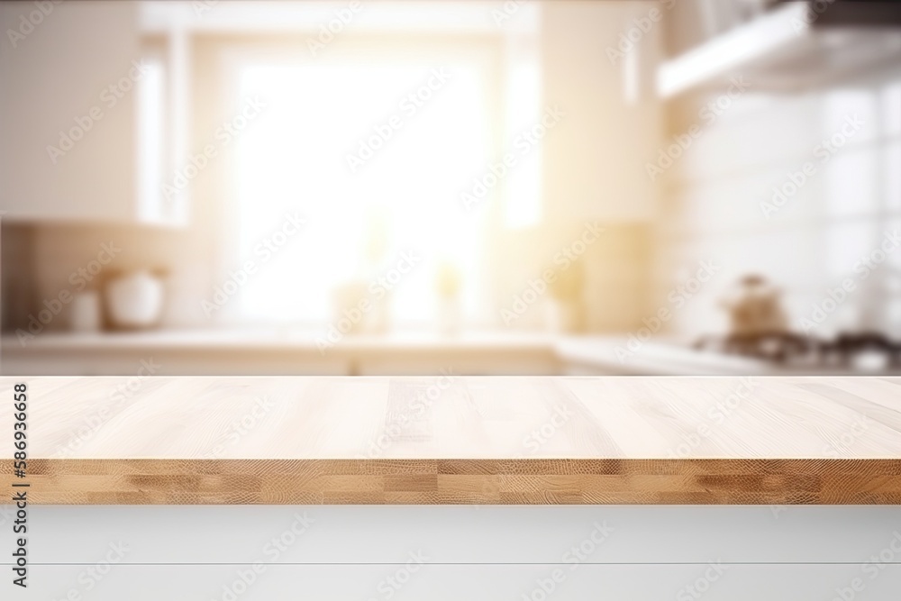 Empty wooden table top with out of focus lights bokeh modern white kitchen background - Generative AI