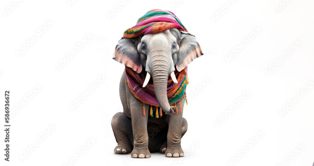 Baby elephant with wool winter hat and scarf. Isolated white. Generative AI