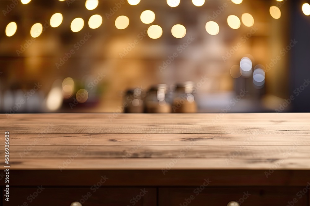 Empty wooden table top with out of focus lights bokeh rustic farmhouse kitchen background - Generative AI