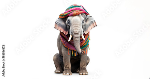 Obraz na płótnie Baby elephant with wool winter hat and scarf. Isolated white. Generative AI w salonie