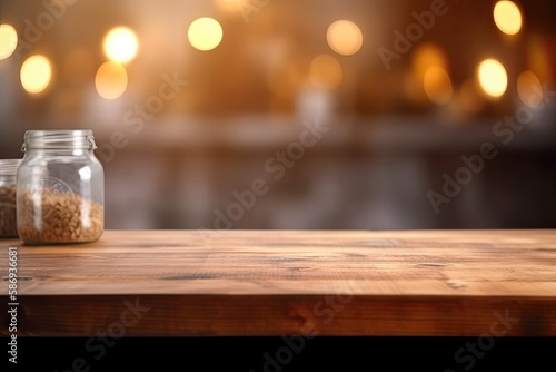 Empty wooden table top with out of focus lights bokeh rustic farmhouse kitchen background - Generative AI