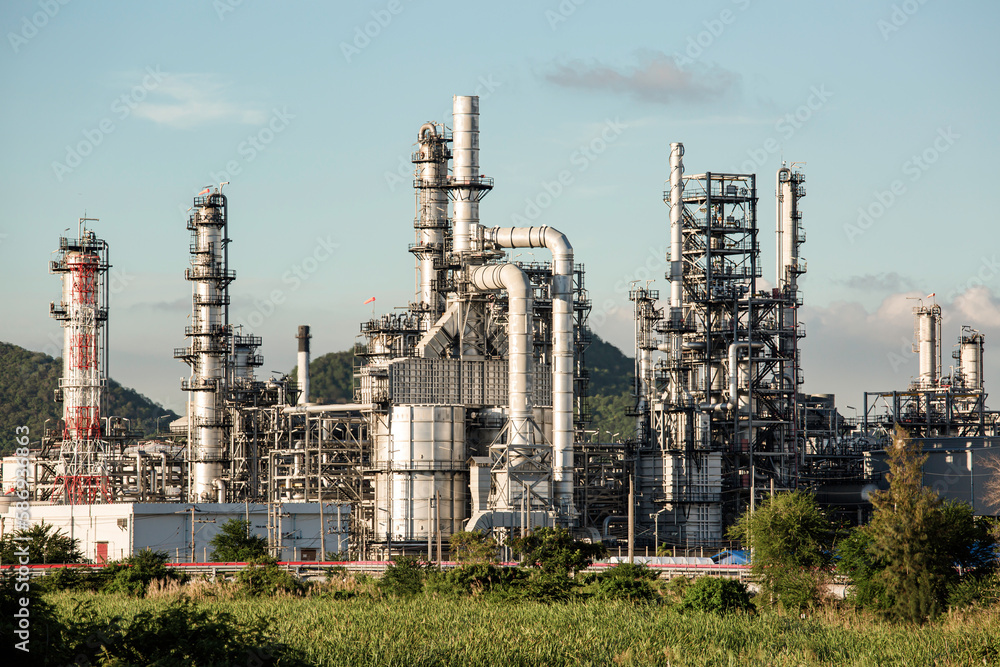 Scene evening of tank oil refinery plant tower and column tank oil of Petrochemistry industry Scene evening of tank oil refinery plant tower and column tank oil of Petrochemistry industry