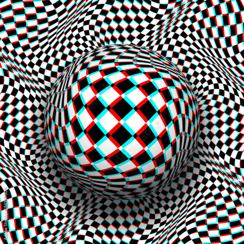 Trippy checkered sphere on same patterned distorted background in red cyan anaglyph style. Psychedelic vector optical art illustration. photo