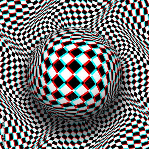 Trippy checkered sphere on same patterned distorted background in red cyan anaglyph style. Psychedelic vector optical art illustration.