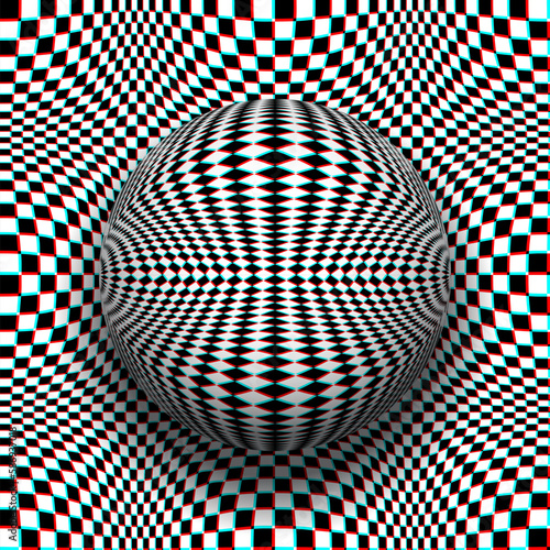 Trippy checkered sphere on same patterned background in anaglyph style. Psychedelic vector optical art illustration.