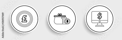 Set line Computer monitor with dollar symbol, Coin money pound sterling and Wallet coins icon. Vector
