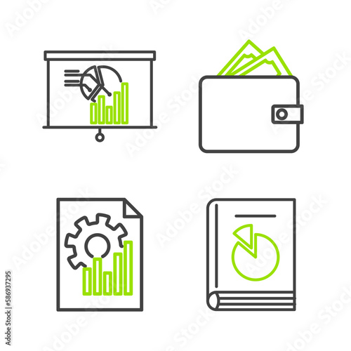 Set line User manual, Document with graph chart, Wallet stacks paper money cash and Board icon. Vector