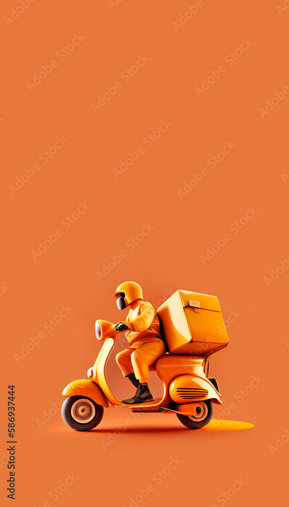 Delivery man on orange scooter. Courier service. Vertical AI-generated picture Delivery man on orange scooter. Courier service. Vertical AI-generated picture