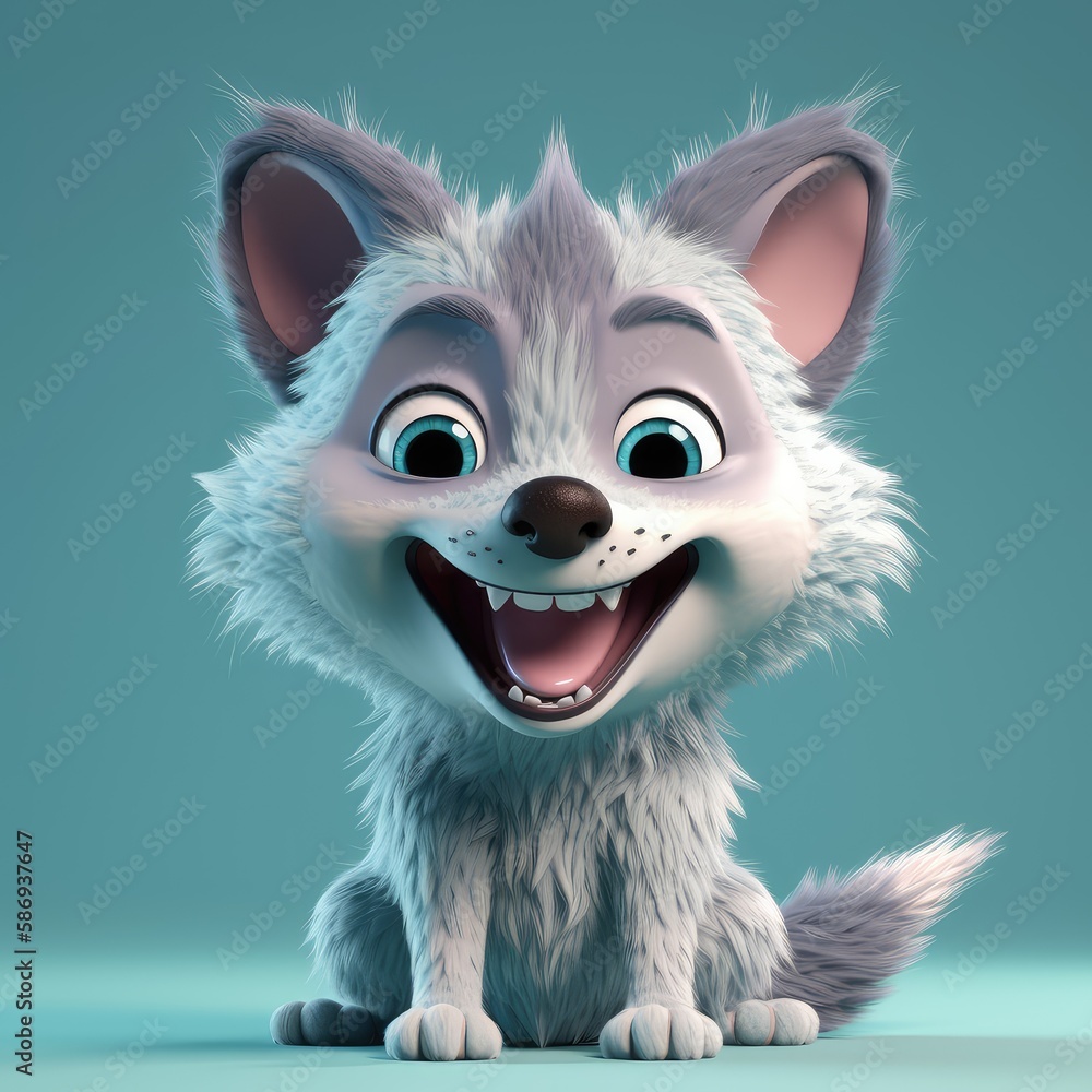 Realistic 3D rendering of a happy, fluffy and cute wolf smiling with big eyes looking straight at you. Created with generative AI Realistic 3D rendering of a happy, fluffy and cute wolf smiling with big eyes looking straight at you. Created with generative AI