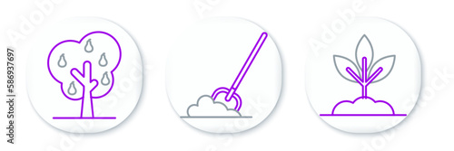 Set line Plant, Tree with pears and Shovel in the ground icon. Vector