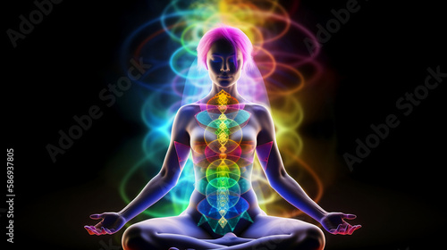 Concept of meditation and spiritual practice for enlightenment, expanding of consciousness, chakras and astral body activation, mystical. Generative AI.