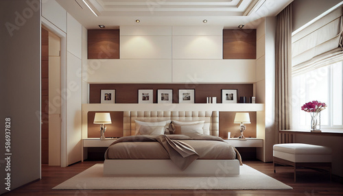 Clean style beige bedroom interior