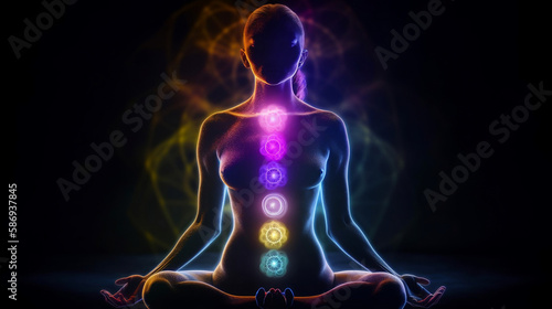Concept of meditation and spiritual practice for enlightenment, expanding of consciousness, chakras and astral body activation, mystical. Generative AI.