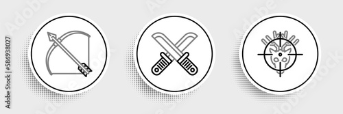 Set line Hunt on deer with crosshairs, Bow and arrow in quiver and Crossed hunter knife icon. Vector