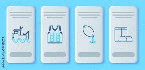 Set line Fishing jacket, spoon, boat with fishing rod water and boots icon. Vector