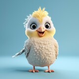 Realistic 3D rendering of a happy, fluffy and cute cockatiel smiling with big eyes looking straight at you. Created with generative AI