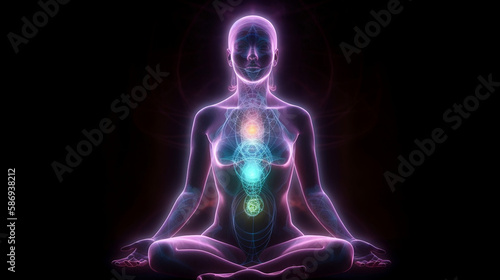 Concept of meditation and spiritual practice for enlightenment, expanding of consciousness, chakras and astral body activation, mystical inspiration image. Generative AI.