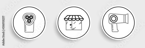 Set line Hair dryer, Electrical hair clipper or shaver and Barbershop building icon. Vector