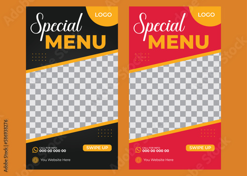 Food instagram story post template design. Suitable for Social Media Post Restaurant and culinary promotions. Set of editable sales banners. Red and Yellow background colors with vector outlines.