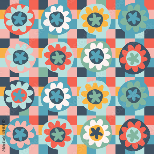 Seamless pattern. Hand drawn flowers decorated with patterns in naive style. For wrapping paper, other design projects