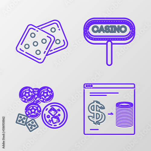 Set line Online casino chips exchange on stacks of dollars, Casino chips, game dice and glass whiskey with ice cubes, signboard and Game icon. Vector
