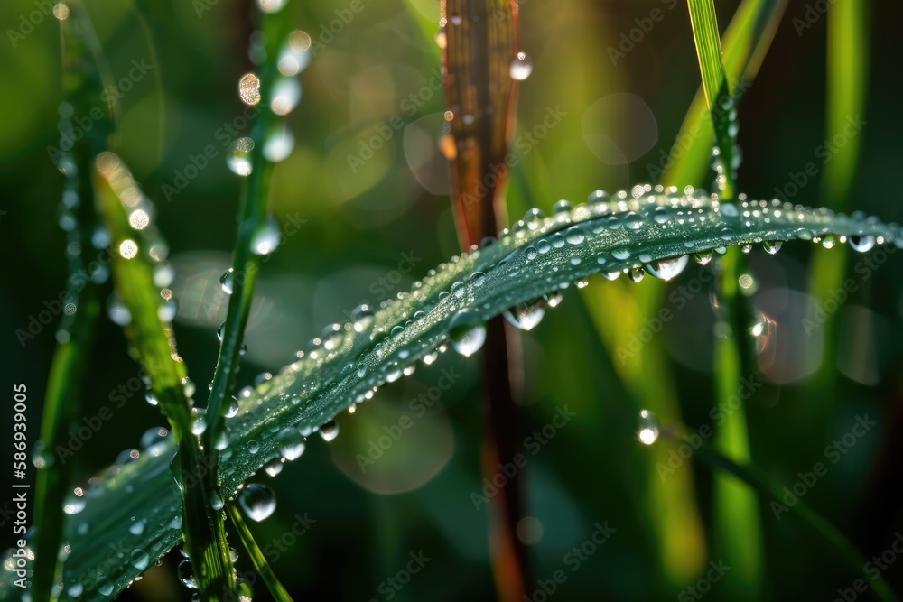 Drops of Dew. With the bright early sunlight dazzling morning dew on flowers and green grass in the tropical rice fields, the morning air feels fresh. Macroscopic photography. Generative AI