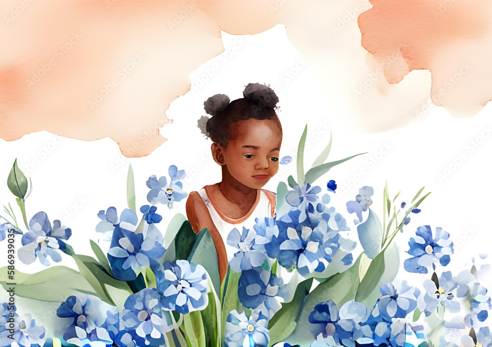 Urocza dziewczynka w kwiatach. Ilustracja wygenerowana przy pomocy AI. - obrazy, fototapety, plakaty 