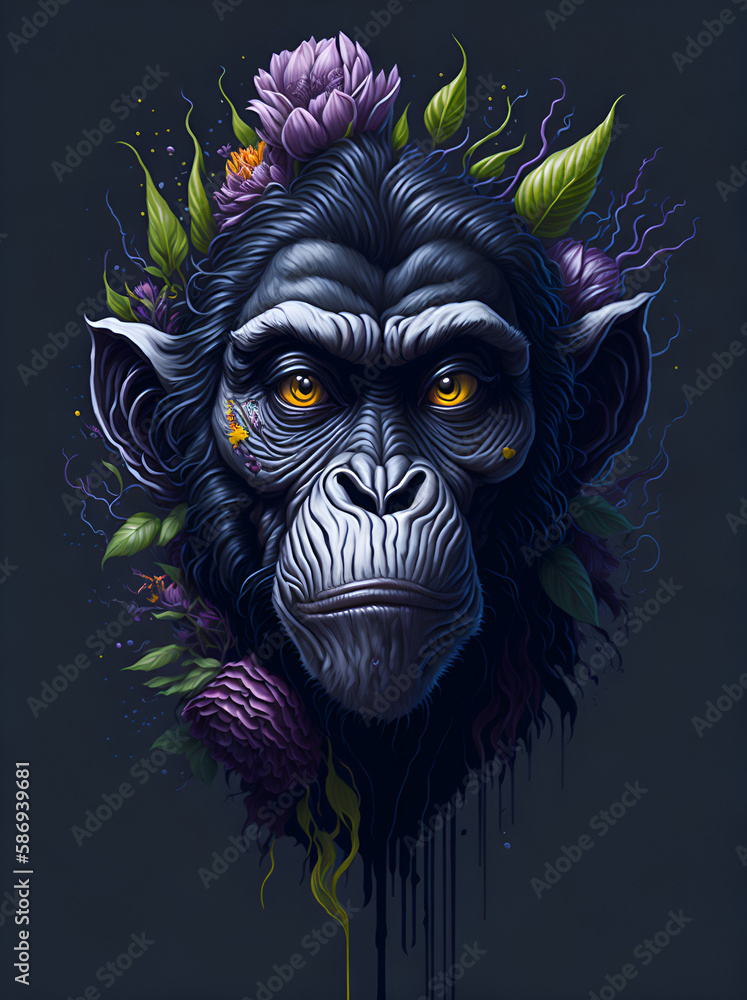 Head of Monkey in flowers splash concept. AI generated illustration Head of Monkey in flowers splash concept. AI generated illustration