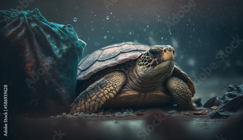 A turtle sleeps among the piles of plastic waste  concept of saving the world. Generative AI.