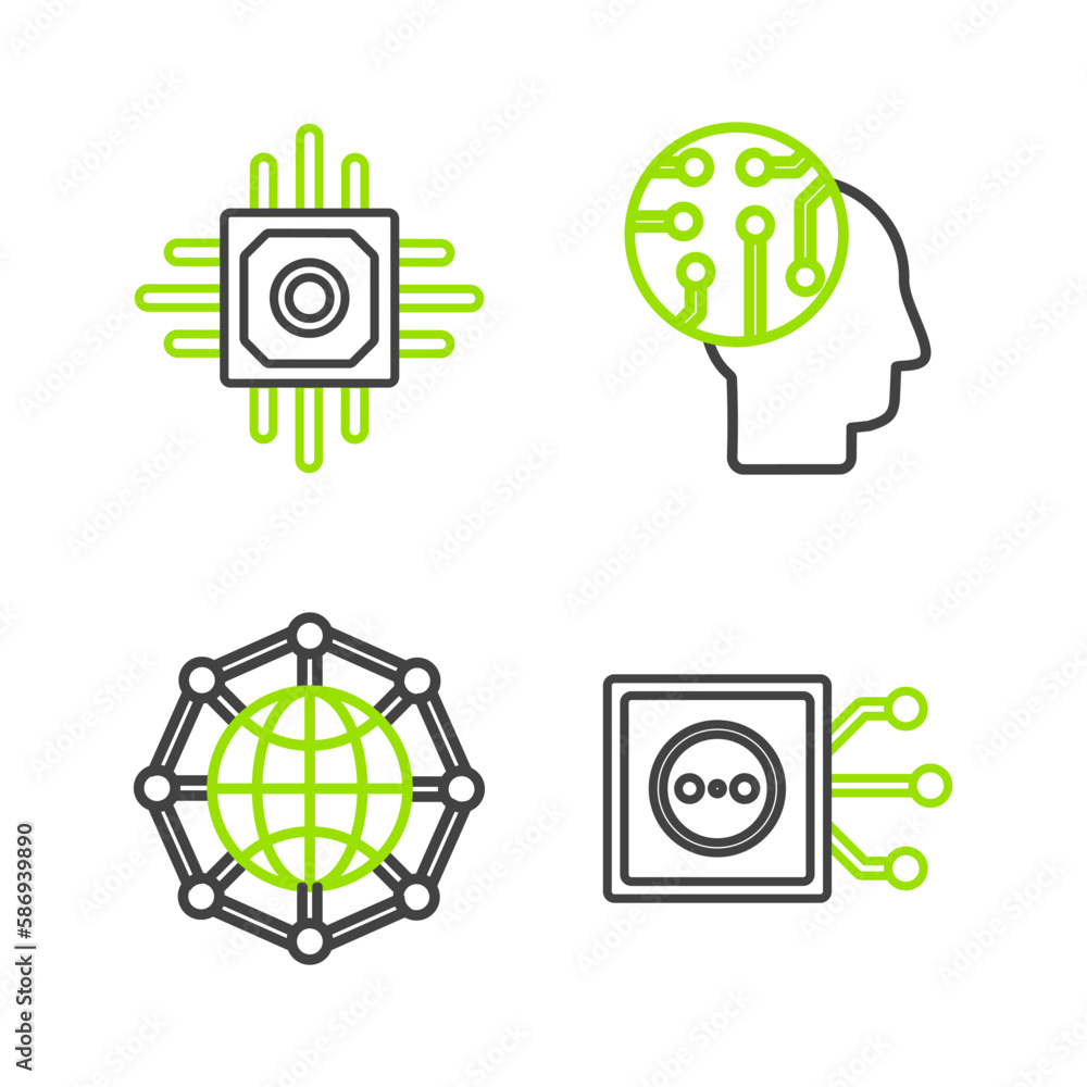 Set line Remote control, Global technology or social network, Human brain as digital circuit board and Processor icon. Vector Set line Remote control, Global technology or social network, Human brain as digital circuit board and Processor icon. Vector