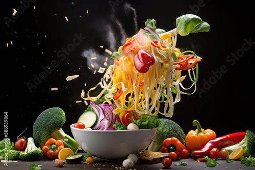 Fresh noodles and vegetables stir fry healthy food. Generative ai