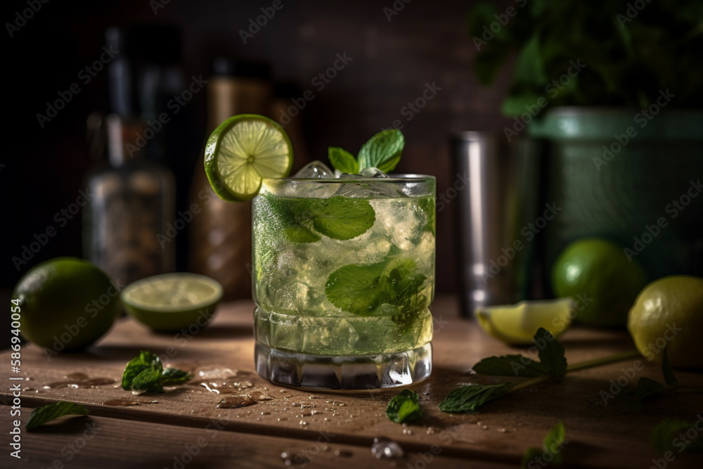 A glass of mojito with ice and limes on a wooden surface A glass of mojito with ice and limes on a wooden surface