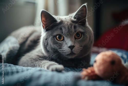 Adorable, humorous, and adorable gray fluffy home cat amusingly playing with a soft plush rabbit toy on a child's bed. The cat enjoys being petted, stroked, and basked. Cat is content in the home