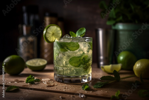 A glass of mojito with ice and limes on a wooden surface