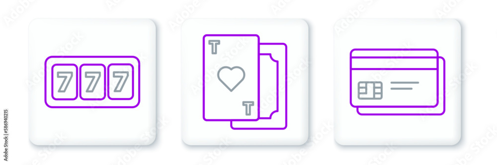 Set line Credit card, Slot machine with lucky sevens jackpot and Playing heart icon. Vector Set line Credit card, Slot machine with lucky sevens jackpot and Playing heart icon. Vector