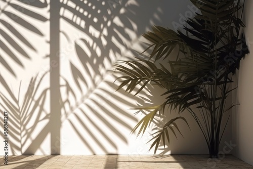 wall white background shadow palm leaves copy space blank generative ai