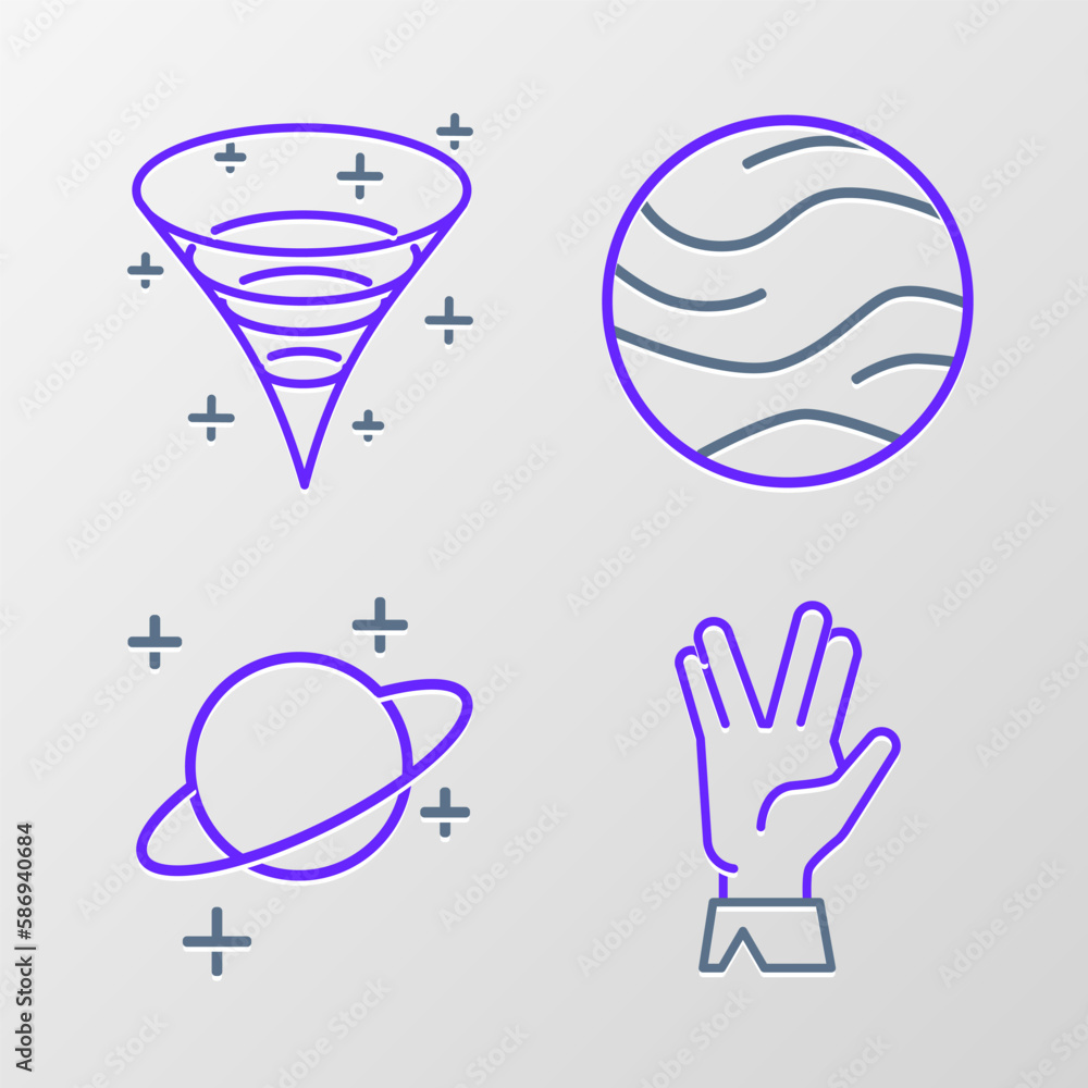 Set line Vulcan salute, Planet, and Black hole icon. Vector