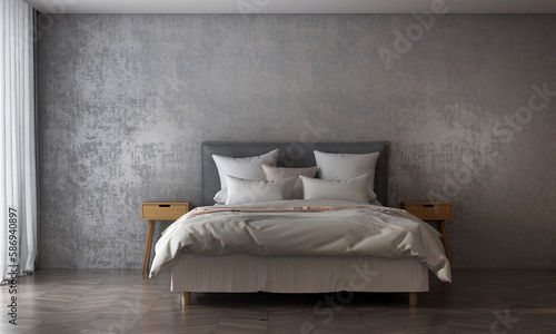Modern style bedroom and concrete wall texture background interior design. 3D rendering