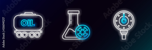 Set line Motor gas gauge, Oil railway cistern and Antifreeze test tube icon. Glowing neon. Vector