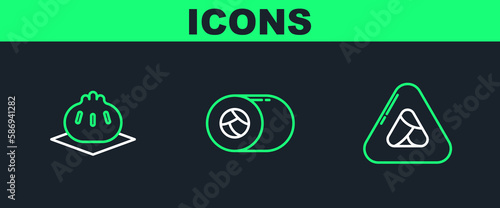Set line Sushi, Khinkali on cutting board and icon. Vector