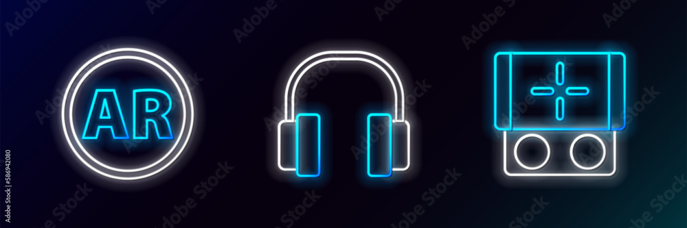 Set line Portable video game console, Ar, augmented reality and Headphones icon. Glowing neon. Vector Set line Portable video game console, Ar, augmented reality and Headphones icon. Glowing neon. Vector